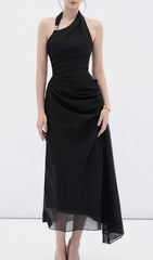 Gibson Black Halter Maxi Dress with Gold Accent & Draped Silhouette