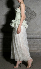 Jenis Sage Green Strapless Corset Peplum Lace Maxi Dress