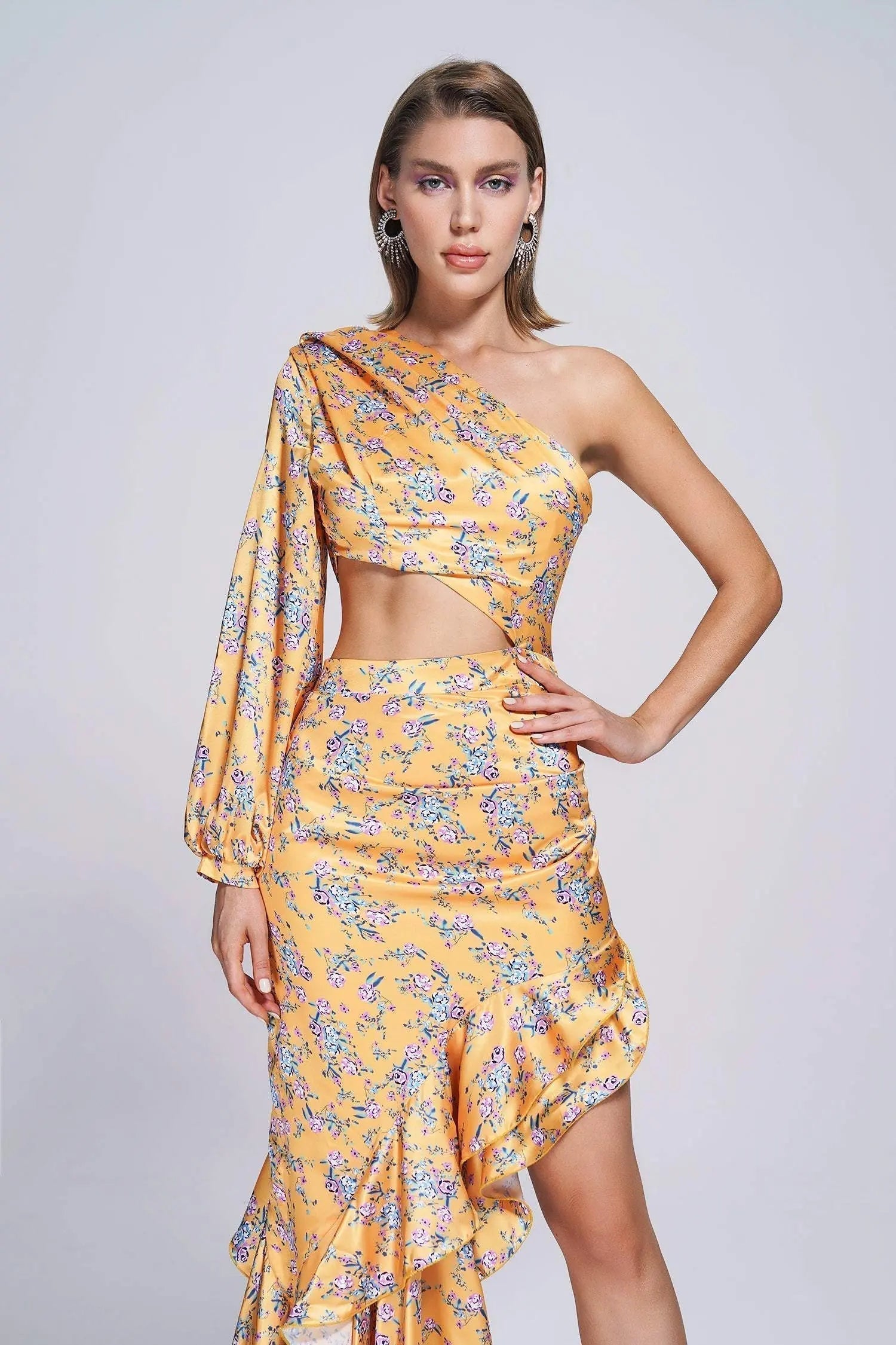 Vibrant Yellow Floral One Shoulder Cutout Ruffle Maxi Dress