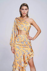Vibrant Yellow Floral One Shoulder Cutout Ruffle Maxi Dress