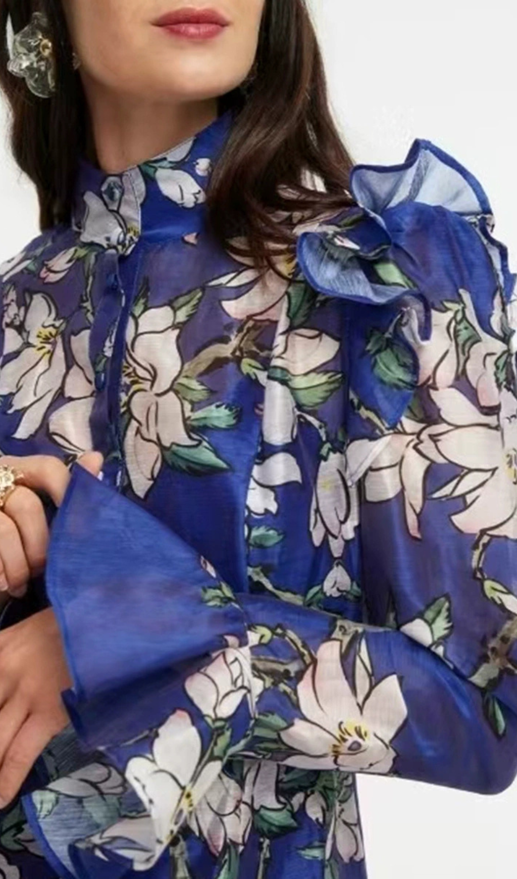 Gavrila Chic Blue Floral Sheer Ruffle Midi Dress