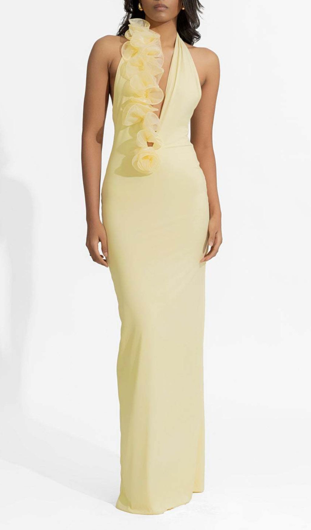 Fareeda Yellow Ruffled Halter Backless Maxi Dress