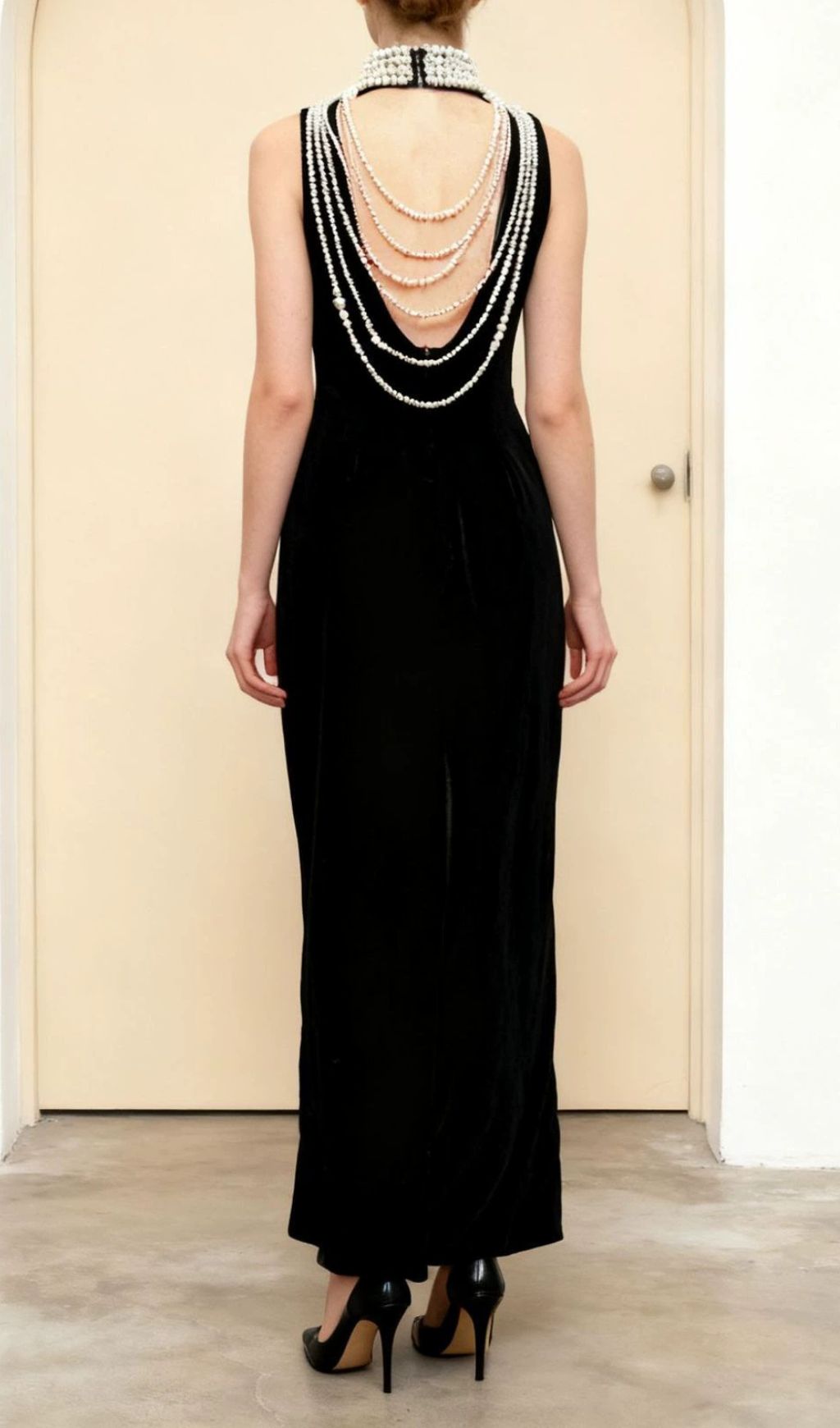 Jovana Black Velvet Pearl Collar Backless Maxi Dress