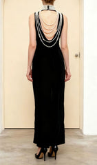 Jovana Black Velvet Pearl Collar Backless Maxi Dress