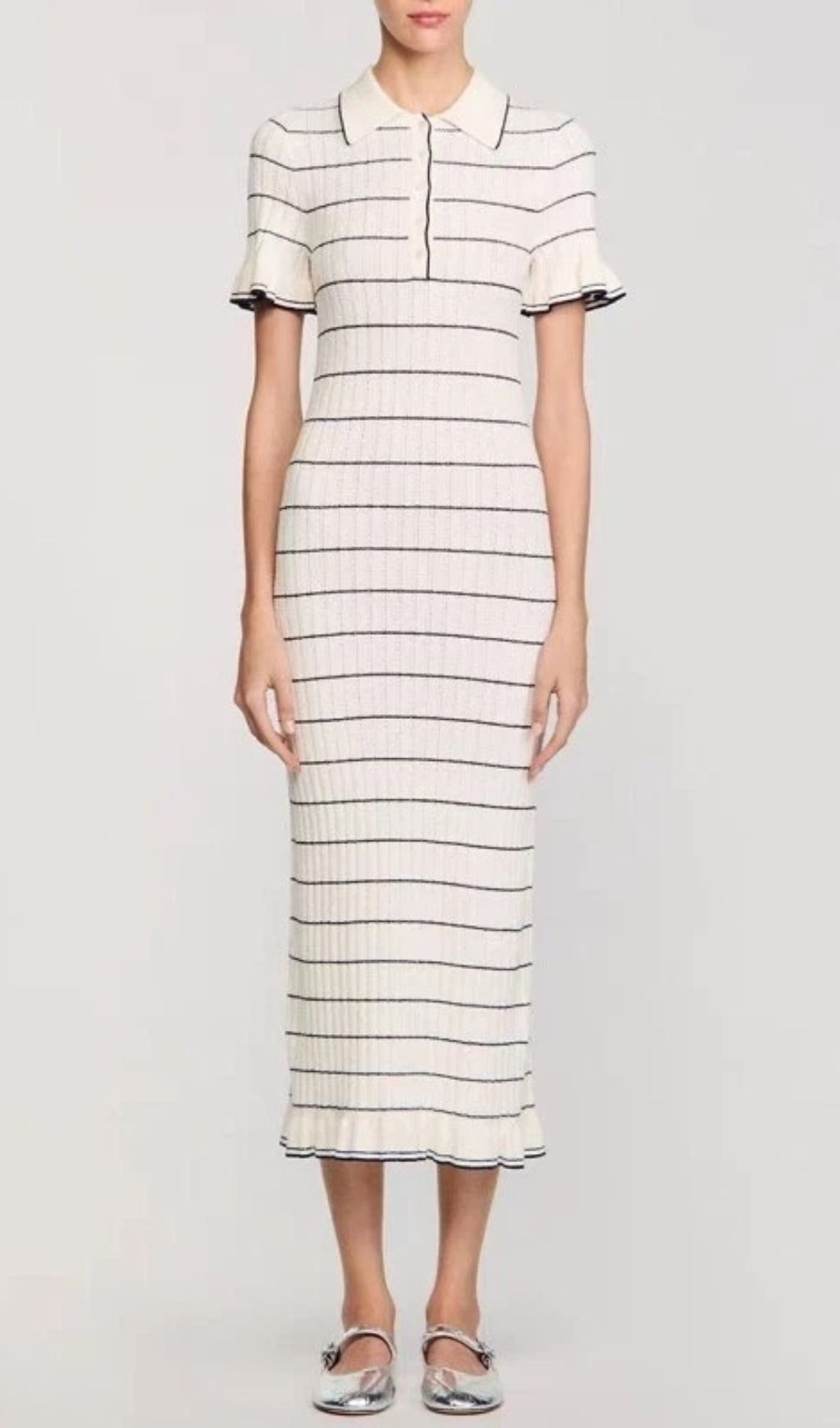 Jyoti Classic Striped Ribbed Knit Polo Midi Dress