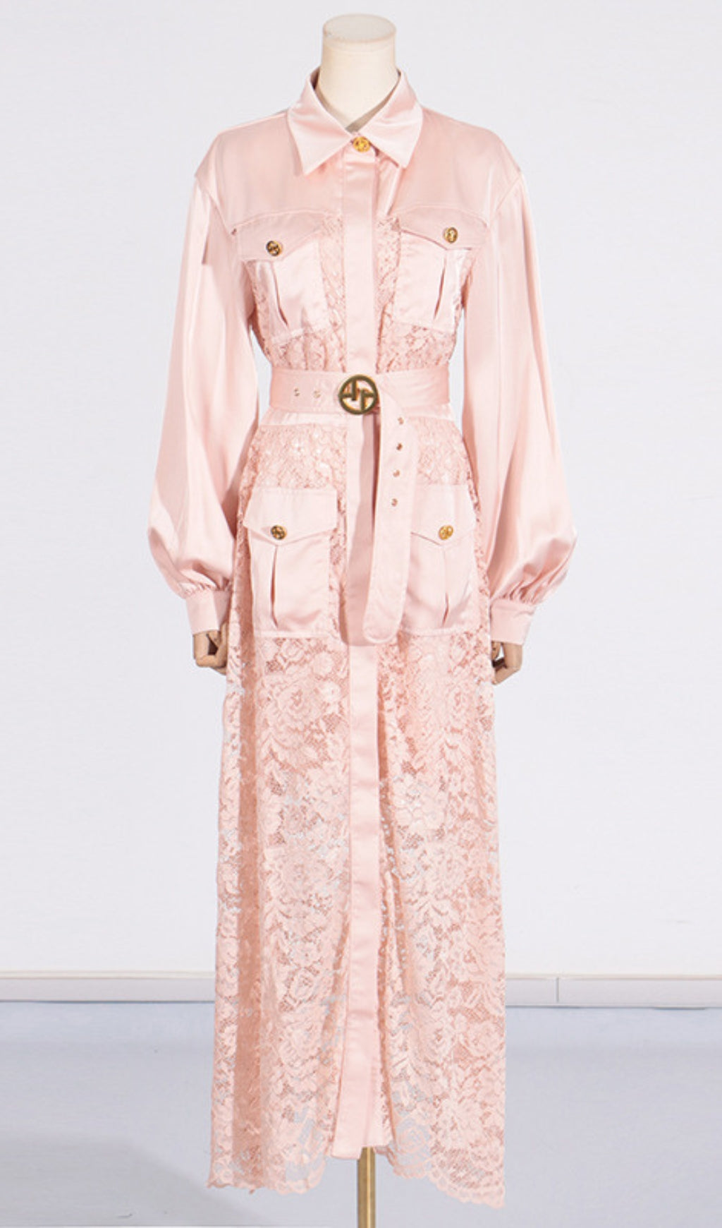 Carissa Elegant Periwinkle Lace & Belted Long Sleeve Maxi Dress