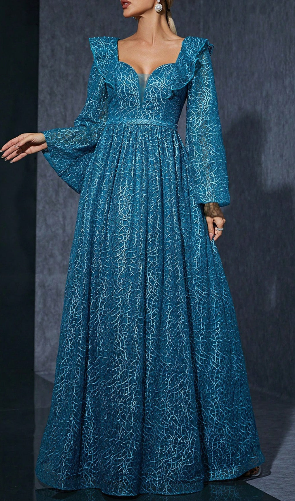 Divya Blue Shimmer Lace V-Neck Maxi Dress