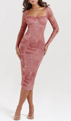 Chic Dusty Rose Vintage Print Bodycon Midi Dress with Lace Trim