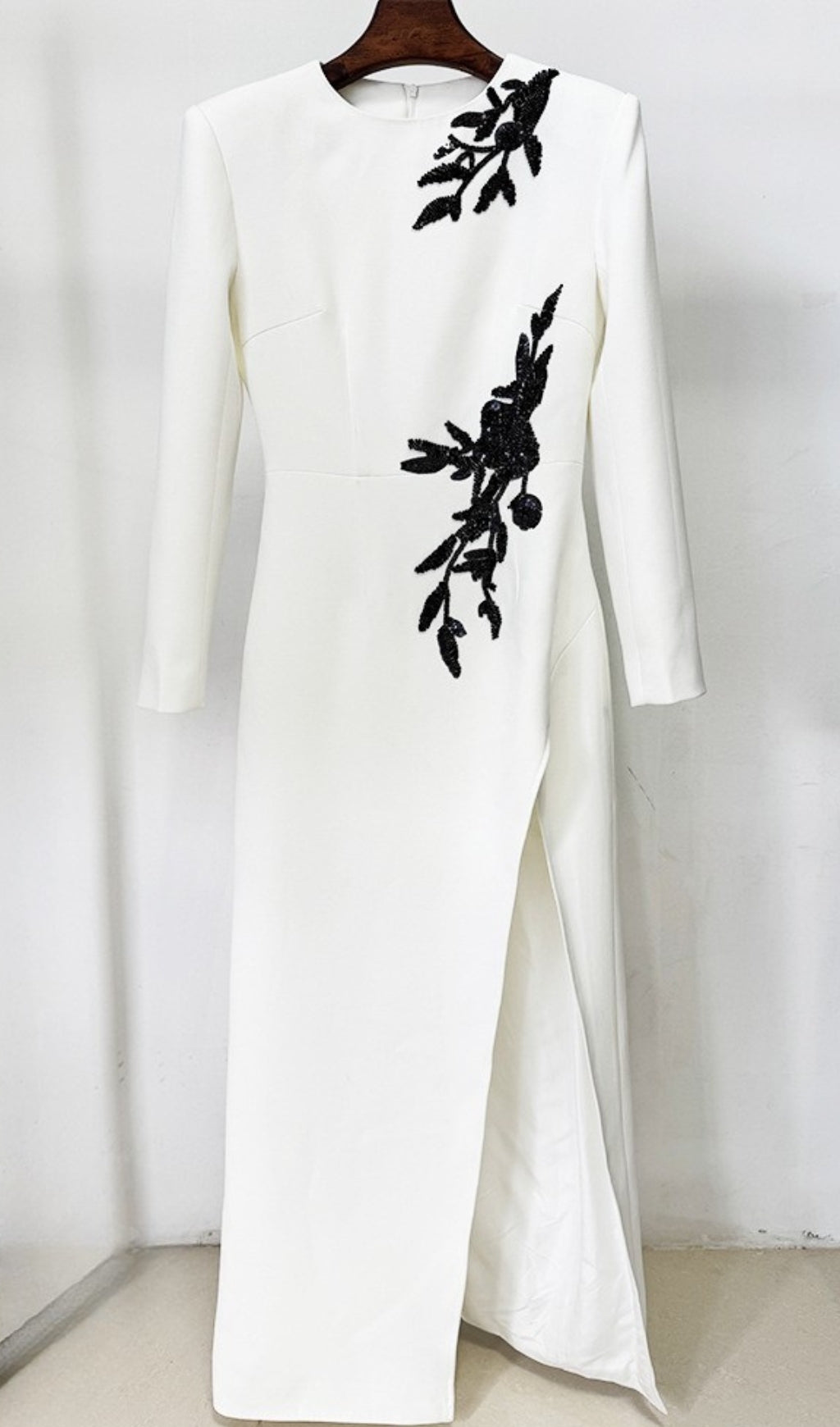 Graeme Luxe White Beaded Floral Maxi Gown with High Slit