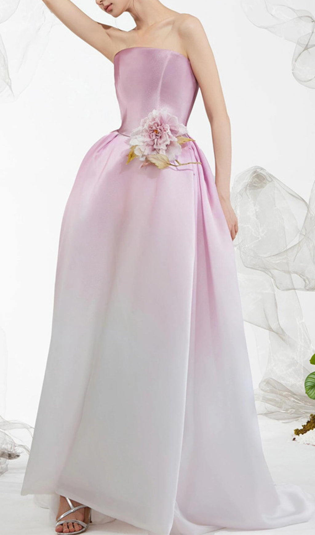 Ethereal Blushing Ombre Strapless Floral Maxi Gown