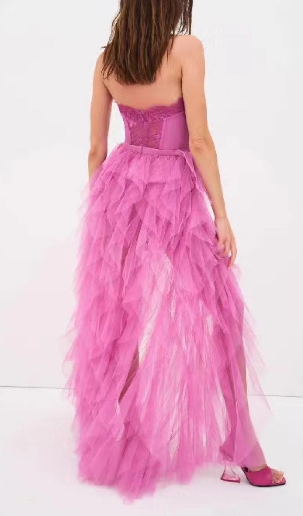Fuchsia Strapless Lace Bustier Tulle Ruffle High-Low Gown