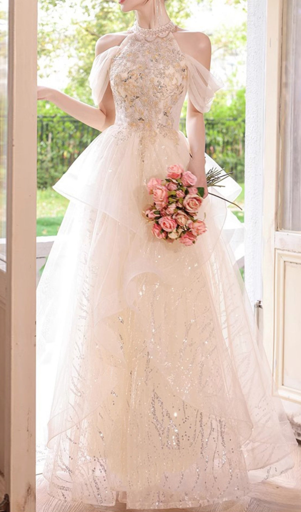 Chione Dazzling Champagne Halter Sequin Mesh Maxi Dress with Romantic Off-Shoulder Sleeves