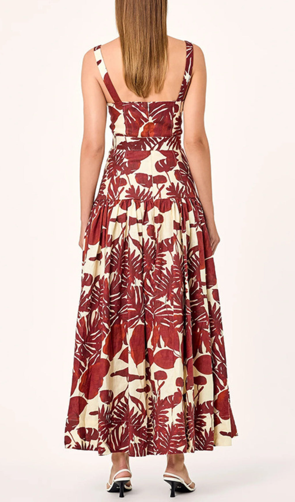 Drika Red Tropical Leaf Print Strappy Midi Dress