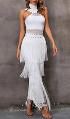 Glamorous White Halterneck Bandage Fringe Midi Dress
