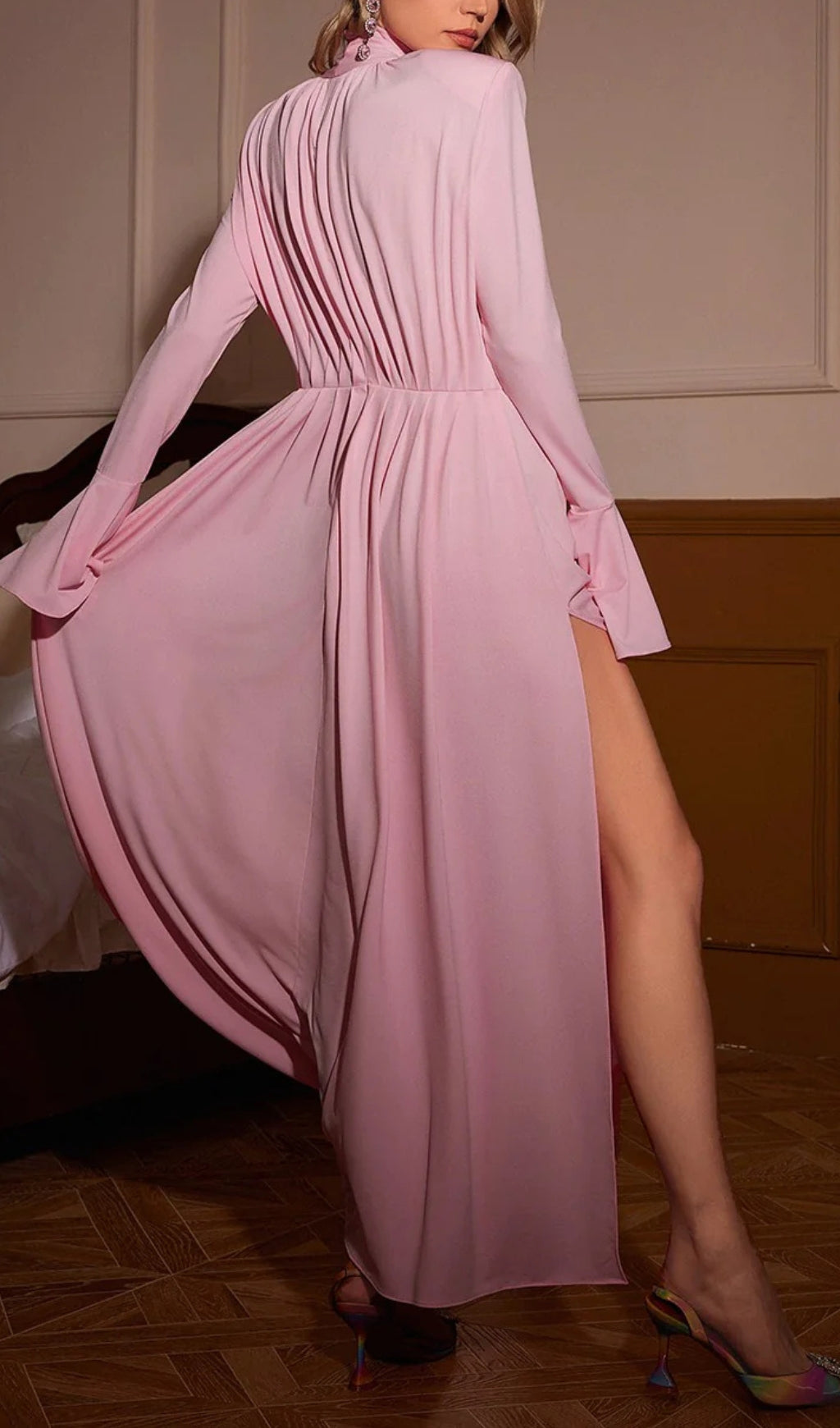 Aikoâ„?Elegant Pink Floral Maxi Dress with Bow Neck & Slit