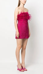 Hot Pink Sequin Feather Strapless Mini Dress