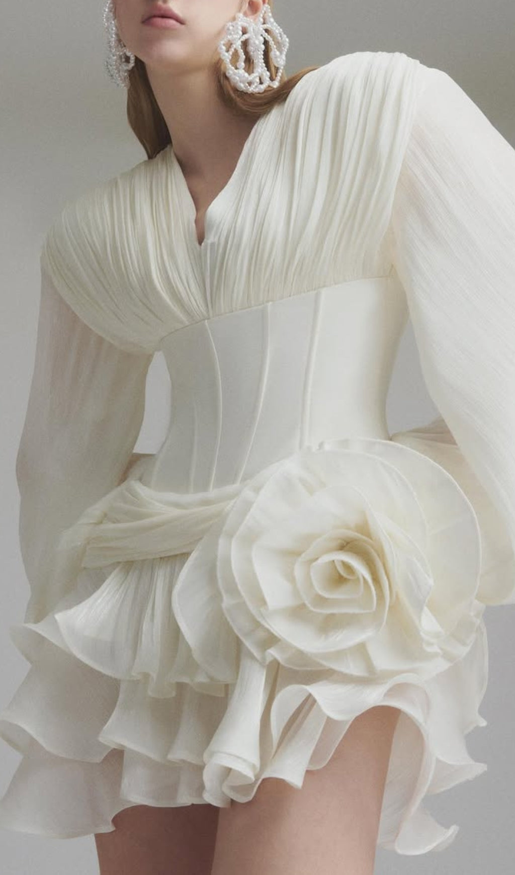 Darion White Glamorous Corset Mini Dress with 3D Floral & Voluminous Sleeves