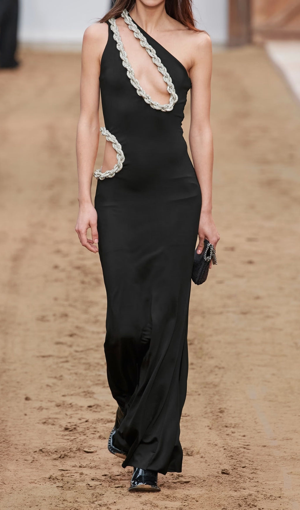 Cala Black Glamour One-Shoulder Embellished Cutout Maxi Dress
