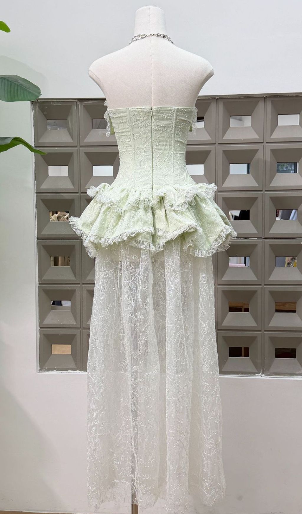 Jenis Sage Green Strapless Corset Peplum Lace Maxi Dress