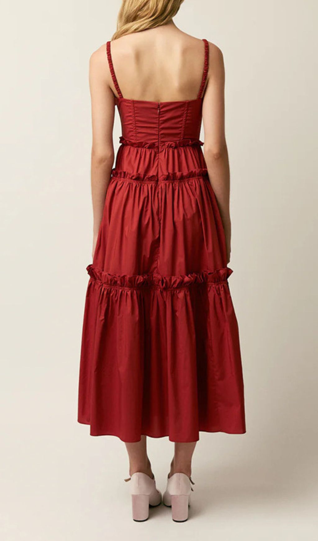 Higgins Vibrant Red Tiered Midi Dress with 3D Floral Bust Appliqus