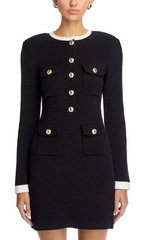 Chic Black Knit Mini Dress with Gold Buttons & Contrast Trim