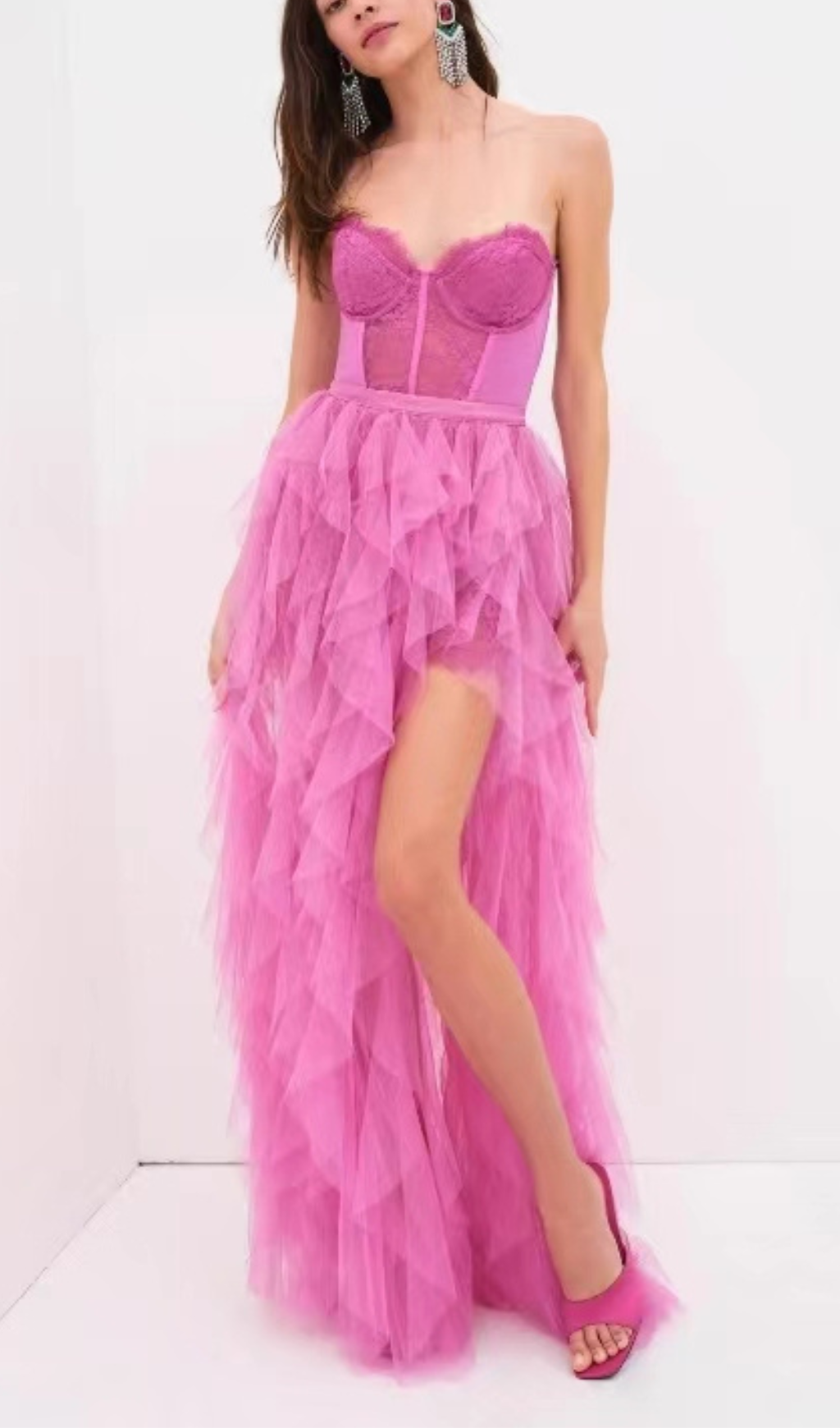 Fuchsia Strapless Lace Bustier Tulle Ruffle High-Low Gown