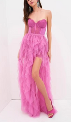 Fuchsia Strapless Lace Bustier Tulle Ruffle High-Low Gown