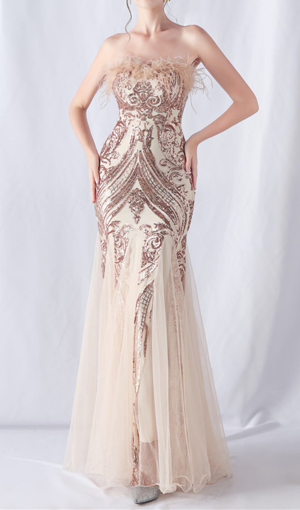 Glamorous Champagne Sequin & Feather Strapless Mermaid Gown