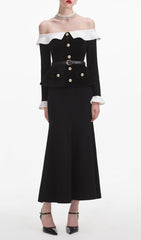 Elegant Black Chenille Off-Shoulder Peplum Midi Dress