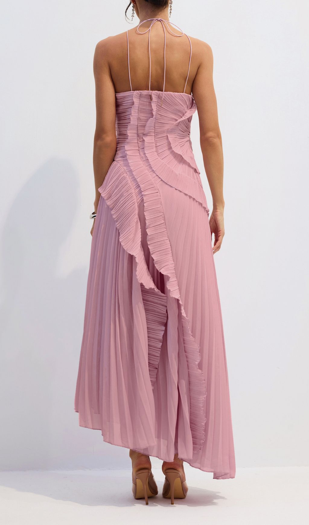 Finneas Chic Pink Halter Pleated Maxi Gown with High Slit