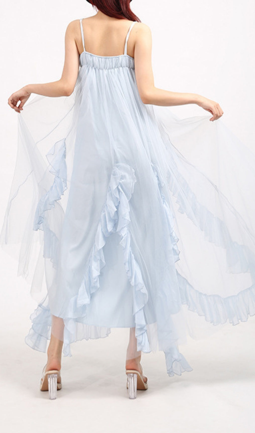 Ebru Ethereal Ruffle Mesh Maxi Dress