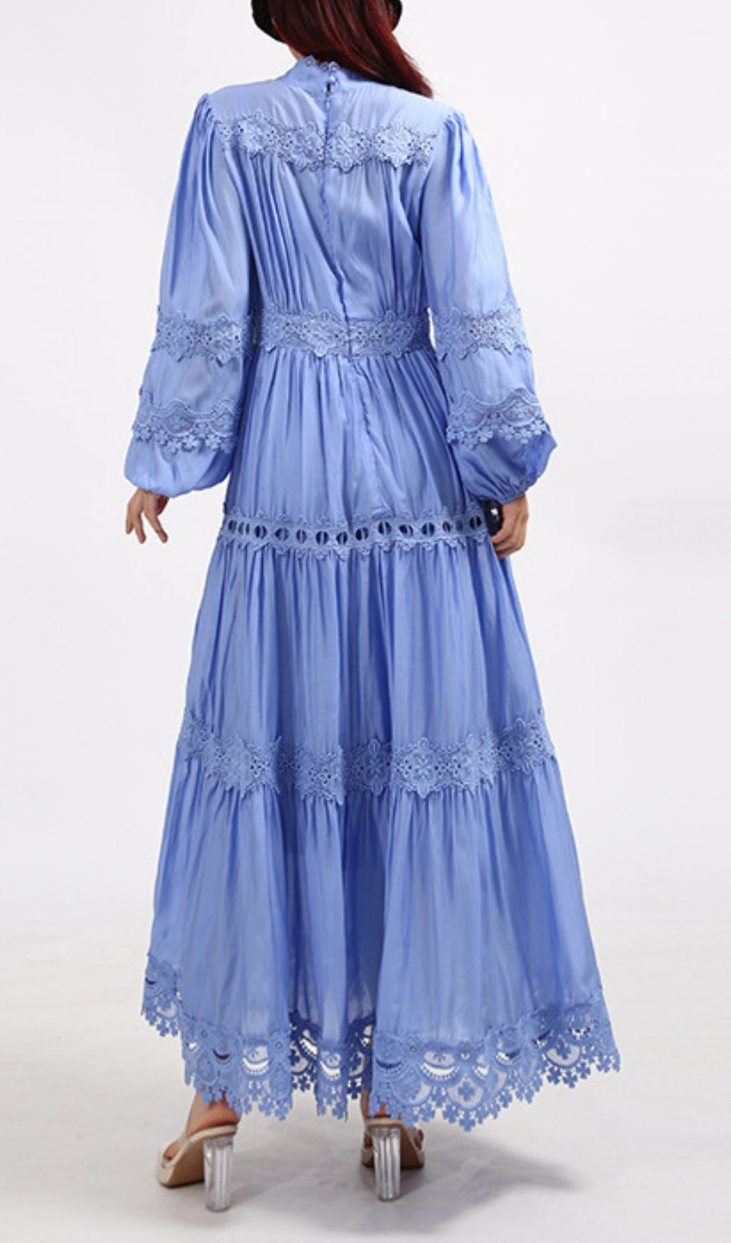 Este Periwinkle Blue Boho Lace-Trim Long Sleeve Maxi Dress