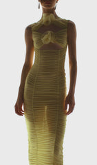 Beverly Yellow Floral Cutout Ruched Midi Dress