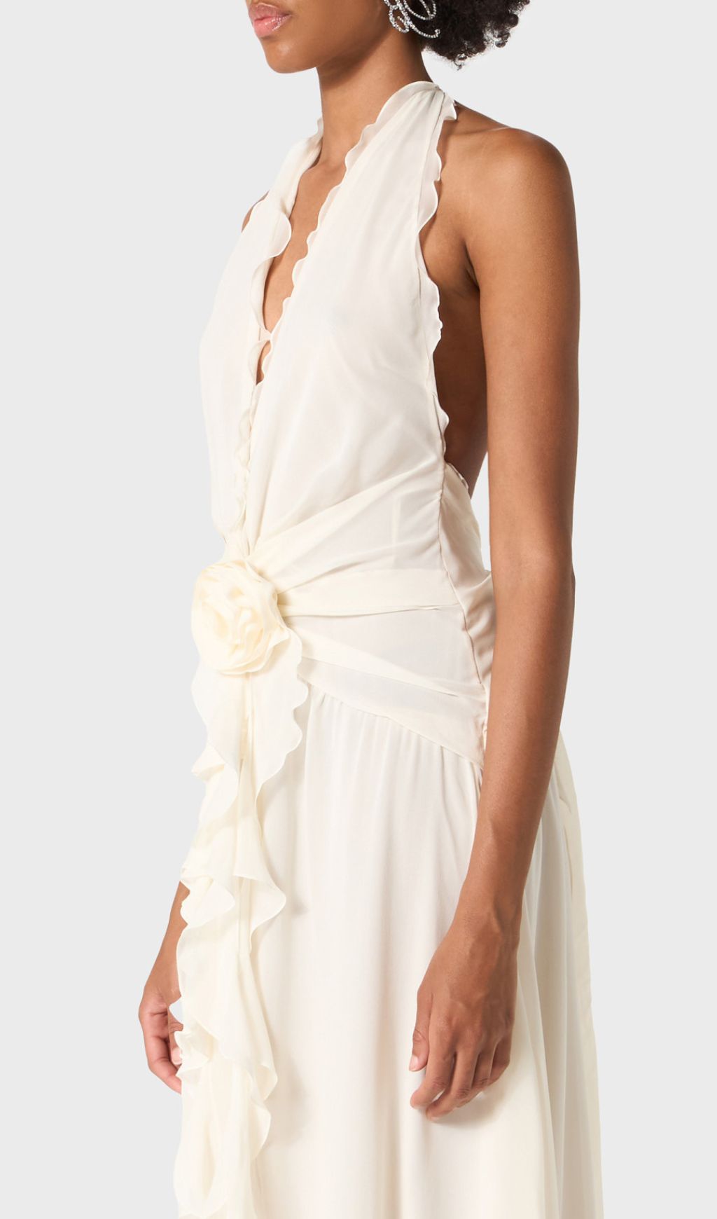 Elegant Ivory Halter Maxi Dress with 3D Floral & Ruffle Detail