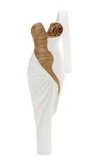 Callia White & Gold Flower One-Shoulder Statement Maxi Gown