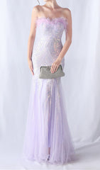 Choire Lavender Sequin Feather Strapless Maxi Dress