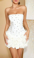 Glamorous White Strapless Rosette Mini Dress