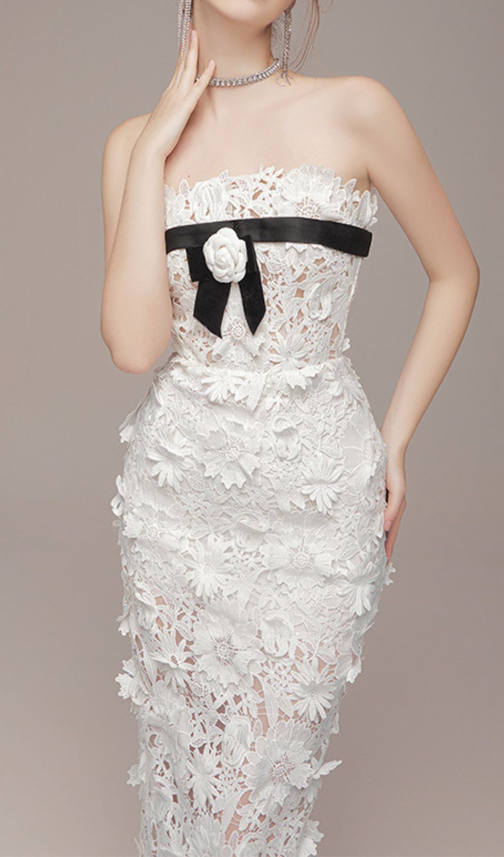 Eviana White Strapless 3D Floral Applique Maxi Dress with Black Bow
