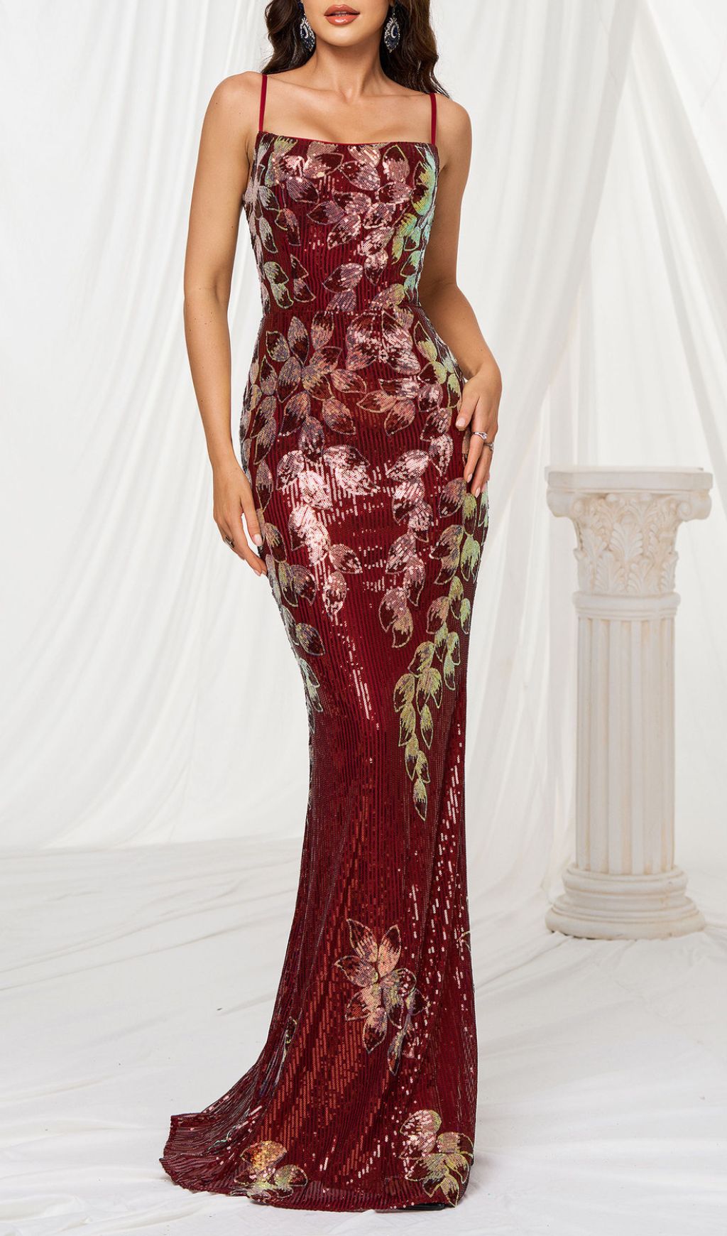 Fiora Wine Red Floral Sequin Strappy Maxi Gown