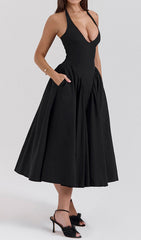Dierdra Black Halter Deep V-Neck Midi Dress