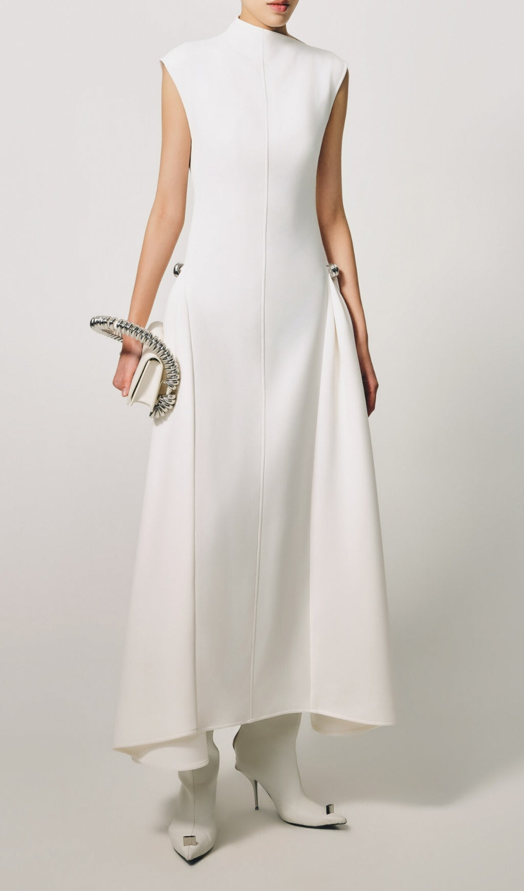 Elegant White High-Neck A-Line Maxi Dress with Side Detail