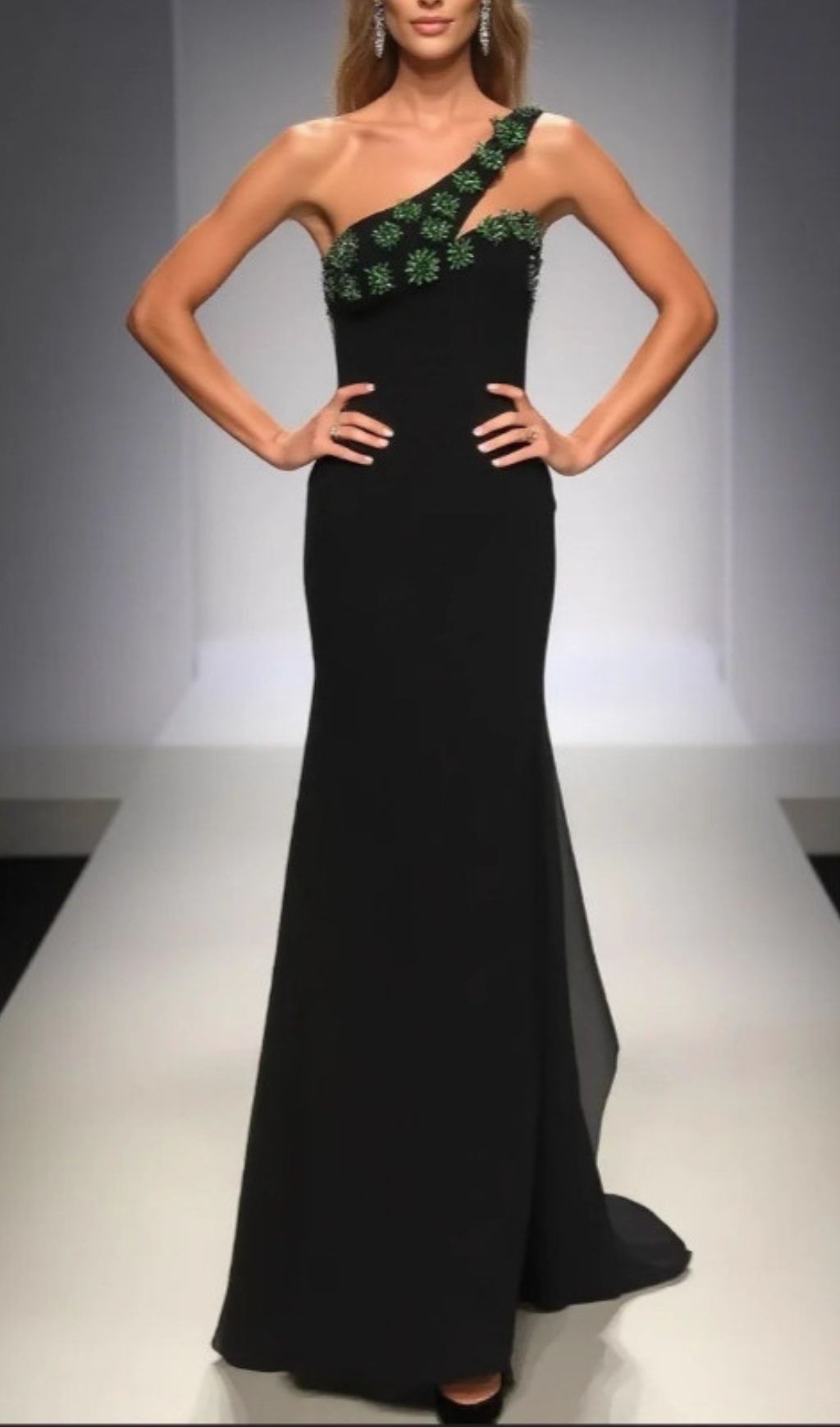 Black One-Shoulder Emerald Embellished Maxi Dress