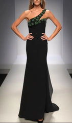 Black One-Shoulder Emerald Embellished Maxi Dress