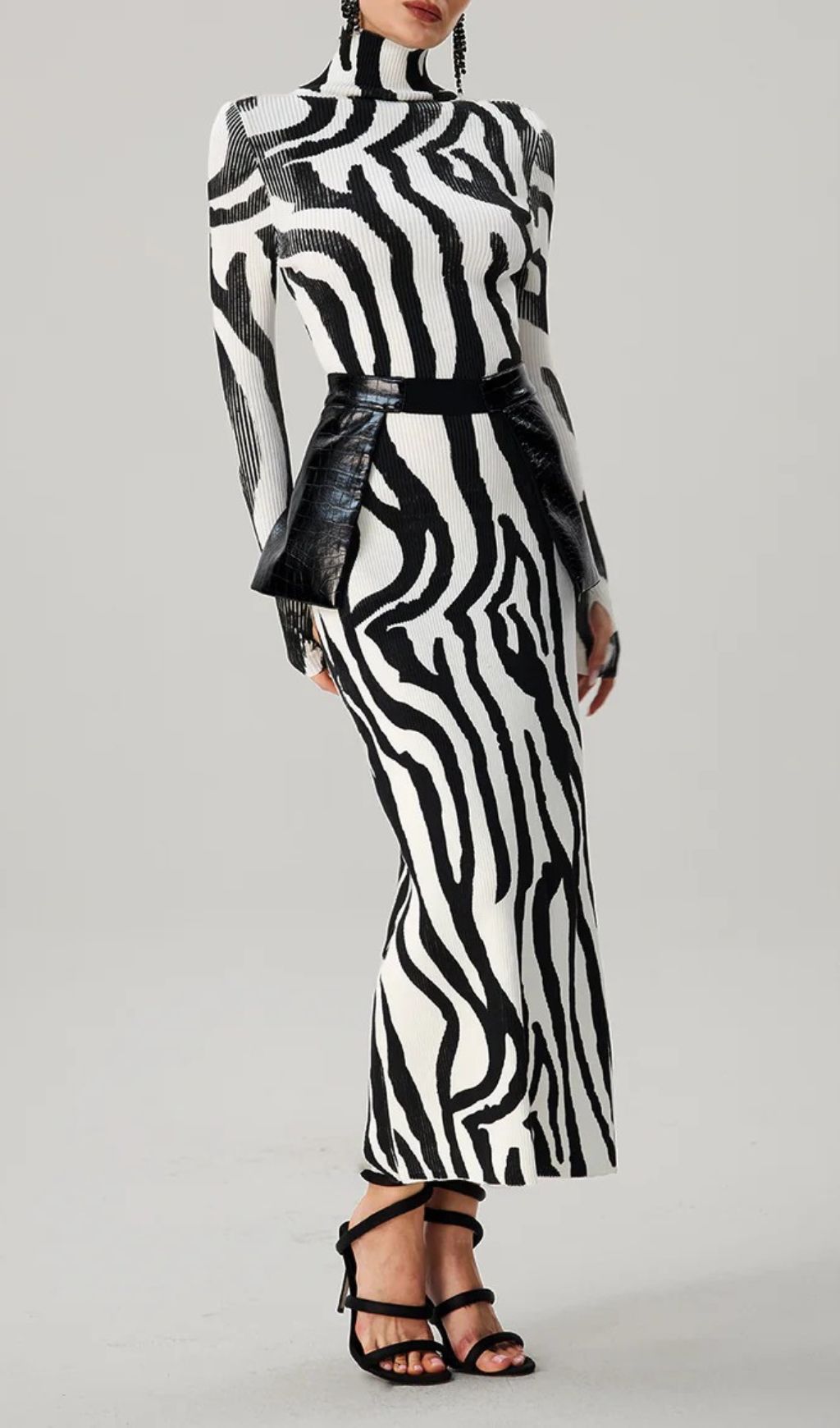 Farrux Zebra Print High-Neck Bodycon Maxi Dress