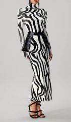 Farrux Zebra Print High-Neck Bodycon Maxi Dress
