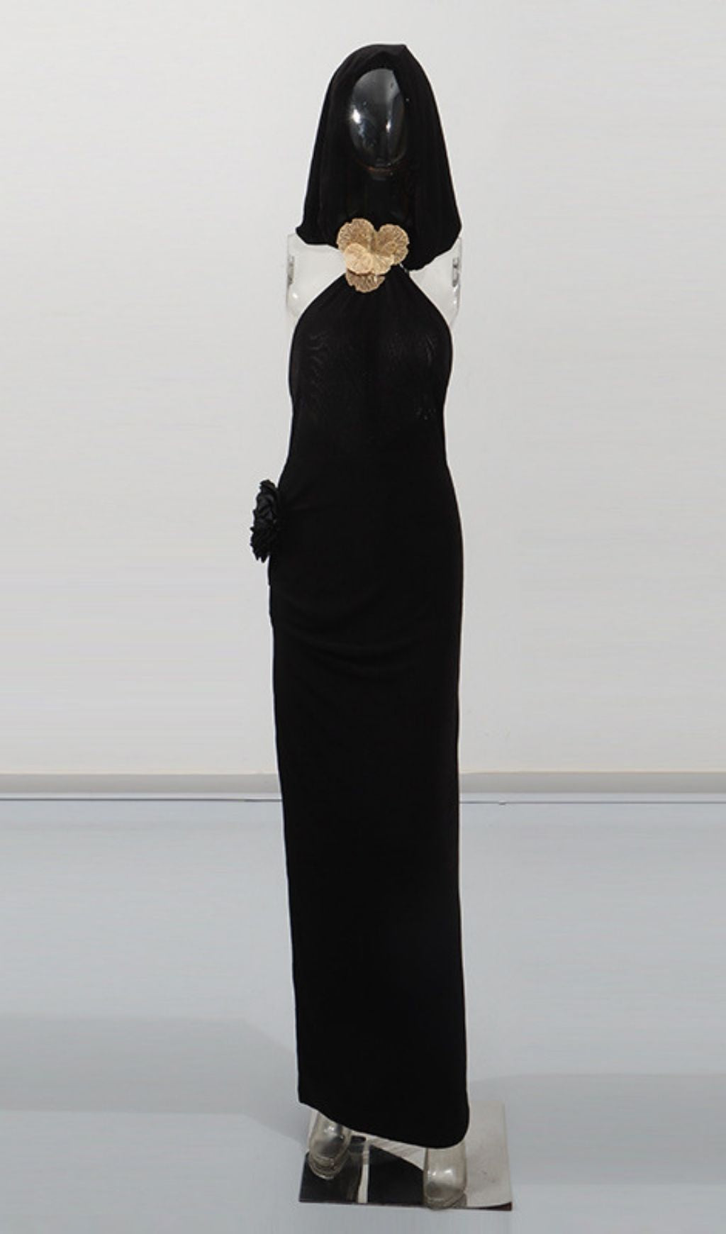 Jyn Black Halter Maxi Dress with Sculptural Floral Embellishment