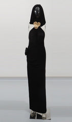 Jyn Black Halter Maxi Dress with Sculptural Floral Embellishment