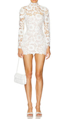 Esta White Floral Lace Long Sleeve High-Neck Mini Dress