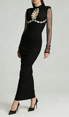 Jaliyah Black Embellished Mesh Sleeve Maxi Dress
