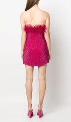 Hot Pink Sequin Feather Strapless Mini Dress